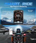 Smart Ride control display showing speed, battery, and app features for Next Level Heavy Duty Electric Bike For Adults With 6000W Dual Motor And 60V 80Ah Long Range Battery Built To Shred Rough Terrain At Blazing 52 Mph Top Speed Over 300 Miles With Full Suspension Hydraulic Brakes And Sweet Cargo Rack.