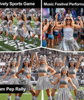 Girls in 73 Piece Silver Spirit Wear Kit For Girls With Bulk Pep Rally Essentials, cheering with pom poms at sports game and festival.