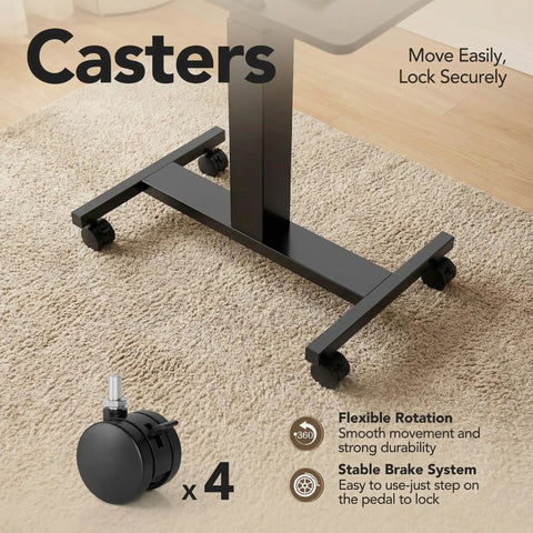 Rollin Laptop Standing Desk With Adjustable Height On Wheels Mobile T Base With Locking Casters on carpet