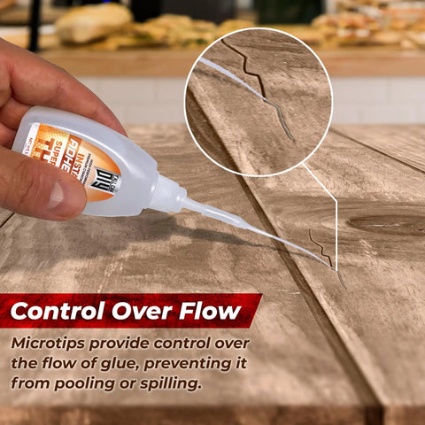 Applying One Component Cyanoacrylate Silicone Glue 20g With A Precise Nozzle For Delicate Surfaces on cracked wooden table