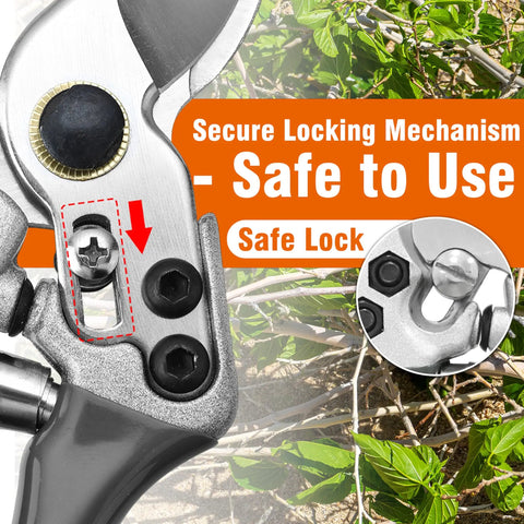 Close-up of secure lock on 8 Inch Bypass Pruning Shears Pro Grade Garden Scissors With Sharp SK5 Carbon Steel Blade And Teflon Coating