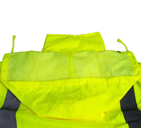 Rear view of Hi Viz Class 3 Rain Suit Jacket And Pants Set With Reflective Lime Accents, Waterproof Oxford Shell, Mesh Lining