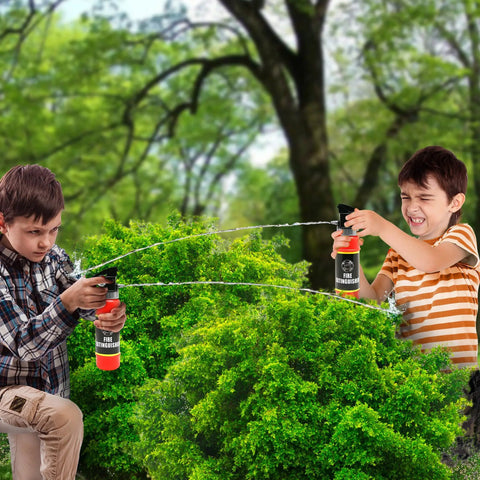 Kids having fun in the backyard using Realistic Nine Inch Fire Extinguisher Squirter Toy Pack Of Two Pump Action Water Blaster.