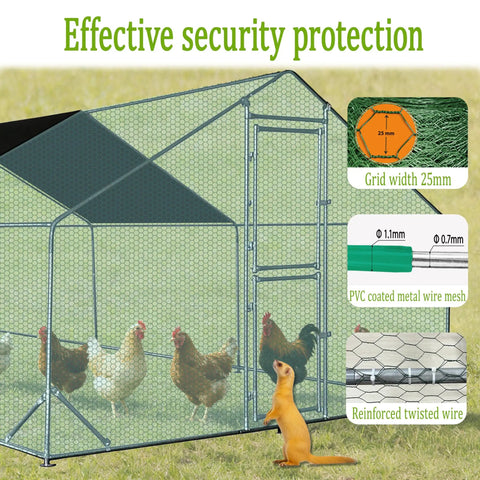 Heavy Duty Walk In Metal Chicken Coop With Spire Roof And Waterproof UV Cover Large Outdoor Run illustration with security features