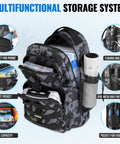 All In One Fishing Gear Kit With Telescopic Rod And Reel Net Tackle Box Rod Holders And Backpack showing storage compartments