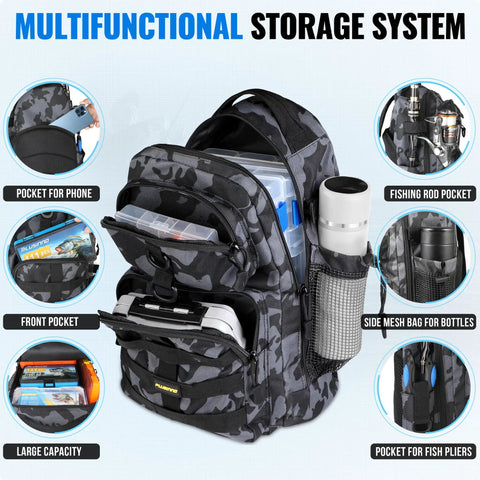 All In One Fishing Gear Kit With Telescopic Rod And Reel Net Tackle Box Rod Holders And Backpack showing storage compartments