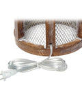 Base detail of Vintage Farmhouse Wood Two Light Table Lamp With Netted Shade And Old Wood Base White Fabric Shade Dual Sockets