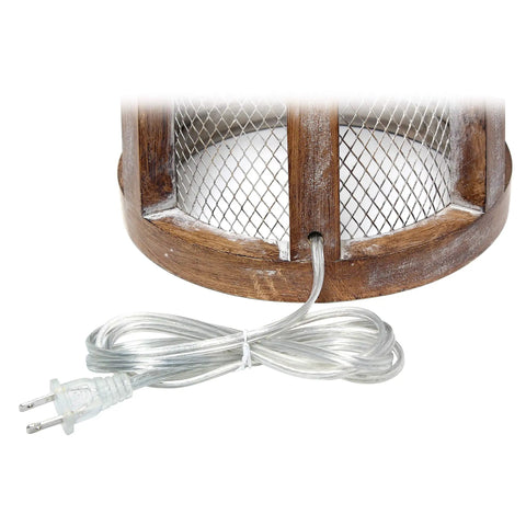 Base detail of Vintage Farmhouse Wood Two Light Table Lamp With Netted Shade And Old Wood Base White Fabric Shade Dual Sockets
