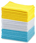 Stack of Amazon Basics microfiber cleaning cloths in blue, white and yellow; 16 x 12 inches, pack of 24