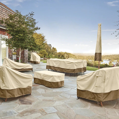 Veranda 94 Inch Round Patio Table And Chair Cover With Umbrella Hole, Water Resistant Outdoor Table Cover For 6 Chairs, Gardelle Fabric System