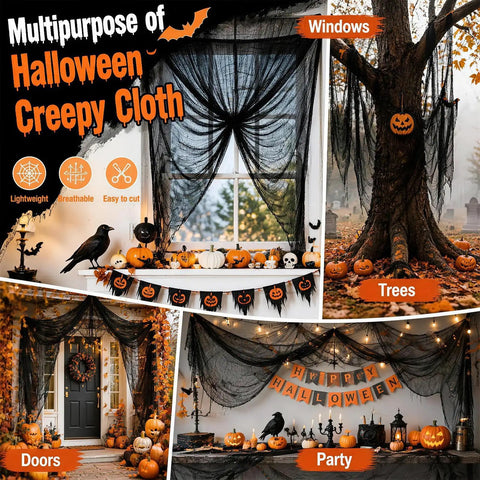 Badass Halloween Creepy Cloth Five Piece Black Pack Stretchy Cotton Fabric 30 X 72 Inch Killer Haunted House Drapery for Windows, Trees, Doors, and Party Decor.