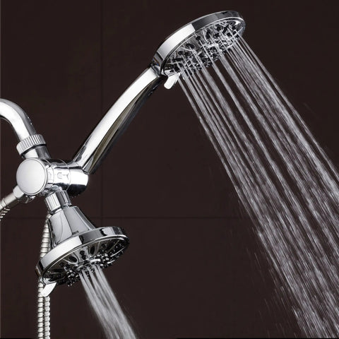 Total Chrome Premium High Pressure 48 Setting Three Way Shower Combo with rain head and handheld, water flowing from both heads