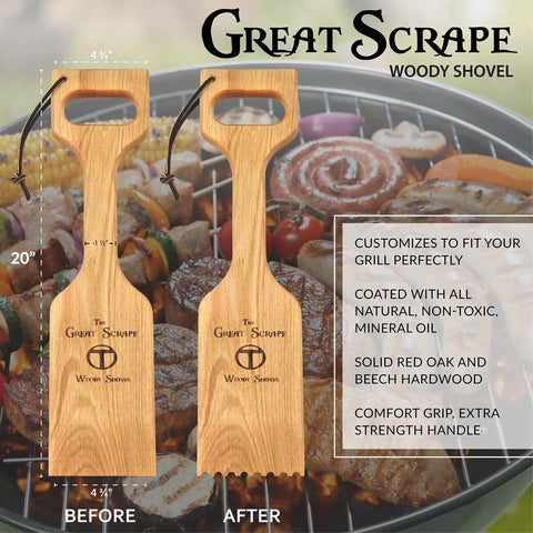 Ultimate Bbq Cleaning Tool Shovel With Hardwood Grill Scraper And Long Reach Comfort Grip Handle before and after use on grill