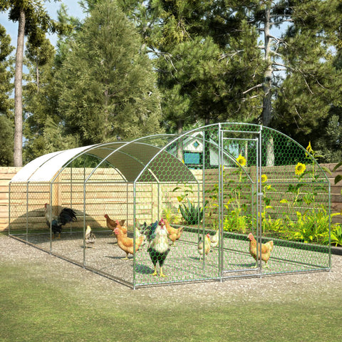 Sturdy Walk In Chicken Coop Run With Waterproof Cover And Lockable Door Beefy Heavy Duty Galvanized Steel Frame in backyard setting