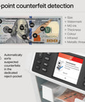7-point counterfeit detection on a US $100 bill displayed with advanced features of the Bank Grade Money Counter Goes Hard On Counting Up To 1200 Bills Per Minute With Advanced Counterfeit Detection For Hella Fast Sorting Of Mixed Global Currency.
