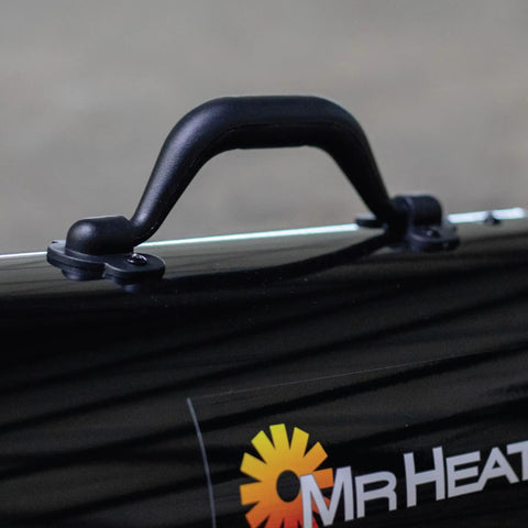Close-up of handle on 125,000 BTU Forced Air Propane Space Heater with 10 ft hose and regulator for workshops and job sites