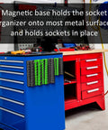 Magnetic Socket Organizer Set, 3-Piece Drive Metric Socket Holder With Strong Magnets, Holds Up To 75 Sockets on a tool cart.