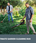 Two men using Cordless 20V 12 Inch String Trimmer And 360 CFM Leaf Blower Combo With Two Batteries And Quick Charger Included Converts To Edger