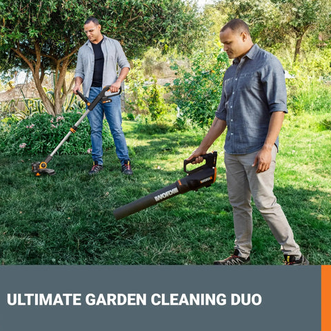 Two men using Cordless 20V 12 Inch String Trimmer And 360 CFM Leaf Blower Combo With Two Batteries And Quick Charger Included Converts To Edger