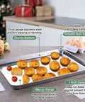 Stainless Steel Baking Sheet With Wire Rack Set 16 Inch By 12 Inch Pan And Cooling Rack For Oven Cookie Roast Jelly Roll Style No Coating Rust Resistant Dishwasher Safe with cookies on a kitchen counter