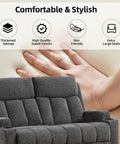 Two Seat Manual Recliner Sofa Set With Cozy Fabric Comfort, showing hand on cushioned surface, dark grey