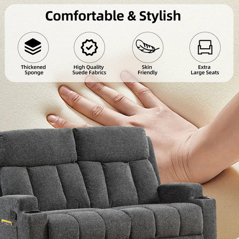 Two Seat Manual Recliner Sofa Set With Cozy Fabric Comfort, showing hand on cushioned surface, dark grey