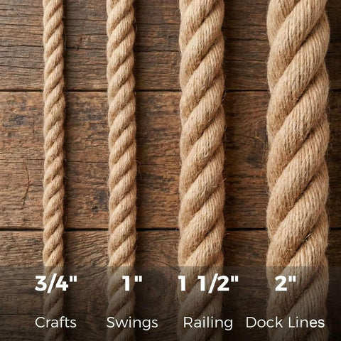 Assorted jute rope sizes showing 3/4 inch to 2 inch, including Heavy Duty Hemp Rope 1 Inch Thick And 100 Feet Long For Crafts, Hammocks