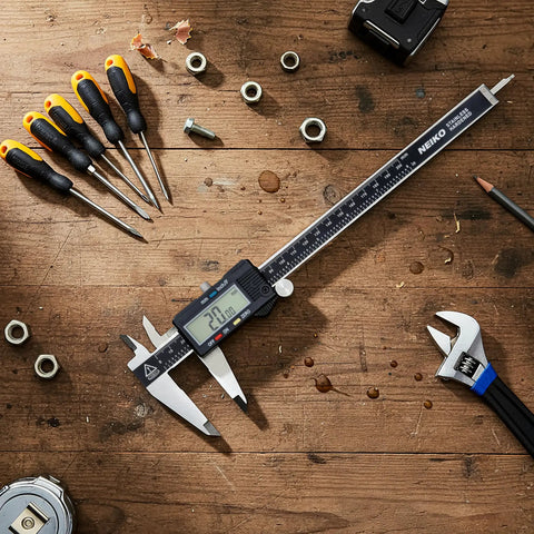 8-Inch Digital Caliper With Extra Large Display, Stainless Steel Measuring Tool on workbench with tools and nuts