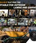 4.80/4.00-8 Flat Free Wheelbarrow Tire With 5/8 And 3/4 Bearing, visible with garden cart in use