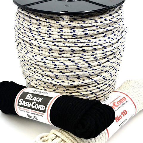 Heavy Duty Cotton Sash Cord Size 8 1 Quarter Inch By 1200 Feet Spool, shown with additional black and white cords.