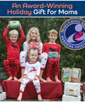 Five kids in red white holiday pajamas pose with gift bags and wrapped presents outdoors; Mom's Choice Award badge.
