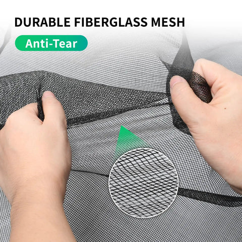 Hands holding durable fiberglass mesh of Magnetic Garage Door Screen For One Car 9x8 Feet, anti-tear feature shown up close.