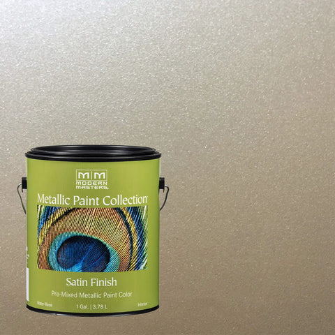Warm Silver Metallic Paint 1 Gal Satin Finish can with decorative wall background