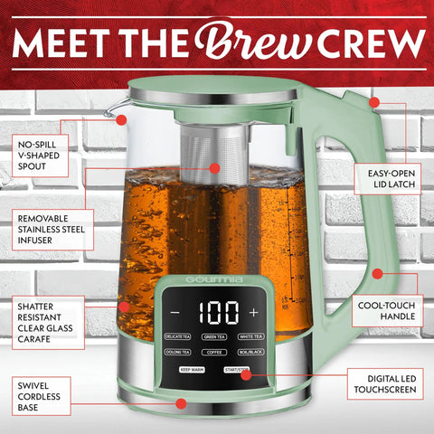 Electric Glass Kettle With 1.7L Capacity, Programmable Tea And Coffee Brewer, 6 Easy To Use Presets, Digital Touch Display, Green