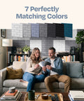 Couple selecting color samples for Heavy Duty Self Adhesive Acoustic Wall Panels 18 Pack 12 By 12 Inch in home setting.
