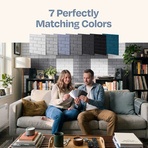 Couple selecting color samples for Heavy Duty Self Adhesive Acoustic Wall Panels 18 Pack 12 By 12 Inch in home setting.