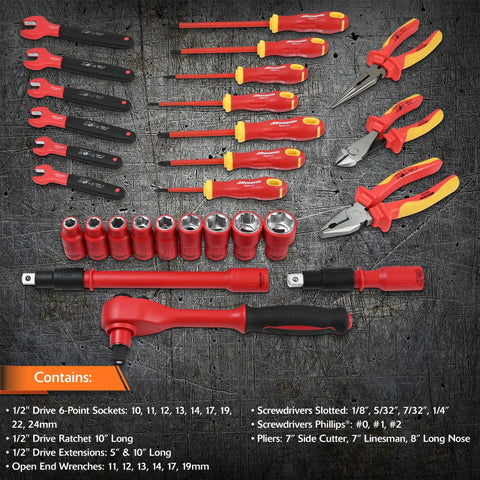 Job Site Beast 28 Piece 1000V Insulated Tool Set VDE Certified with red insulated sockets, wrenches, pliers, and screwdrivers.