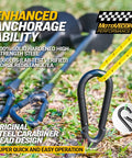 18 Inch Heavy Duty Screw In Ground Anchors Deliver A Hardcore 1000 Lb Hold Made From Tough Tungsten Steel With Easy Detachable Carabiner Clips For Swing Sets Tents Gazebos And Trampolines 4 Pack in grass with carabiner visible.