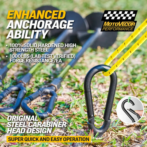 18 Inch Heavy Duty Screw In Ground Anchors Deliver A Hardcore 1000 Lb Hold Made From Tough Tungsten Steel With Easy Detachable Carabiner Clips For Swing Sets Tents Gazebos And Trampolines 4 Pack in grass with carabiner visible.