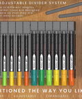 Top view of 72 Slot Art Marker Storage Tray Desk Organizer With Adjustable Dividers, showcasing markers arranged in sections.