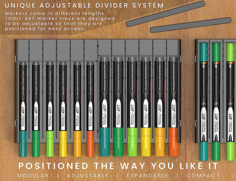 Top view of 72 Slot Art Marker Storage Tray Desk Organizer With Adjustable Dividers, showcasing markers arranged in sections.