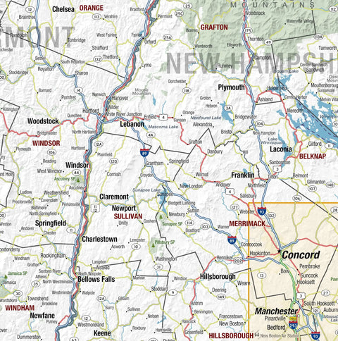 Laminated New England Regional Wall Map Poster With Ultra Legible City And Town Labels, Bright Blue Color Scheme, 48 By 54 Inches, Great For Home Office Or Classroom Use, Proudly Made In The USA showing Vermont and New Hampshire sections.