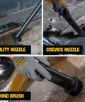 Ultra Quiet 6 Gallon Wet Dry Shop Vacuum With Stealthsonic Noise Reduction attachments in action; utility, crevice, and round brush.