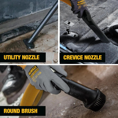 Ultra Quiet 6 Gallon Wet Dry Shop Vacuum With Stealthsonic Noise Reduction attachments in action; utility, crevice, and round brush.