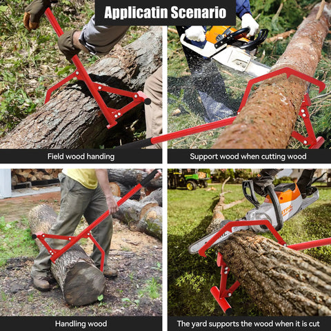 51 Inch Timberjack Adjustable Log Lifter And Heavy Duty Steel Log Roller Cant Hook Tool in action for lifting and cutting logs.