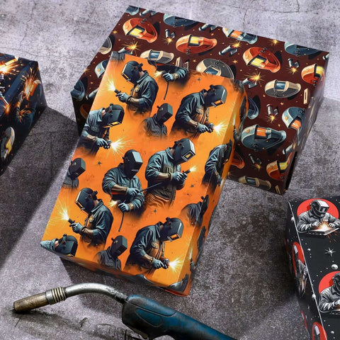 Welder Gift Wrap Bundle With 12 Sheets featuring helmet and tools designs, ideal for welders and DIY crafters, 20 by 28 inches, pre-folded.