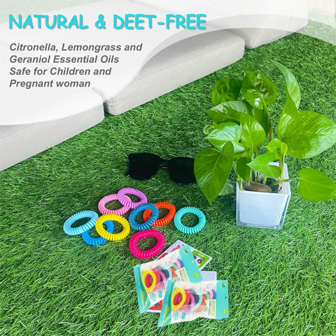 Colorful 18 Pack Mosquito Repellent Bracelets with 60 Patch Refills on Grass, DEET-Free Wrist Bands Safe for Kids and Adults