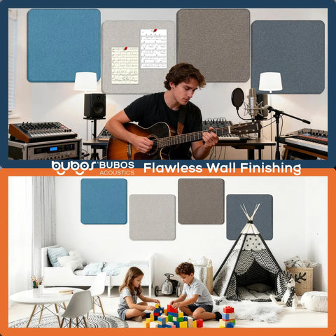 Rock Solid Four Pack Fabric Acoustic Wall Panels Engineered To Ditch Bad Echoes And Level Up Your Home Studio Or Game Room With High Density Foam Cores in a home studio and play space.