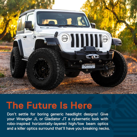 White Jeep Wrangler JL with 9 Inch Round LED Headlights Upgrade With Dual Halo DRL DOT Approved Sealed Beam Front Lamps