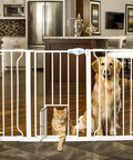 Extra Wide Walk Through Pet Gate With Pet Door White 29 34 Inches Wide 30 Inches High With 4 And 6 Extension Panels in doorway